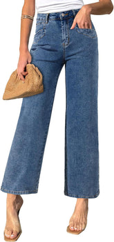 SIDEFEEL Women's Wide Leg Jeans High Waisted Stretchy Jeans Straight Leg Ankle Denim Pants with Slant Pockets