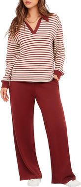 Glamaker - Conjunto de 2 piezas para mujer, estilo casual, manga larga, sudadera tipo polo y pantalones anchos a juego