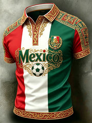 Camiseta polo con estampado artístico de aficionados en un partido de fútbol mexicano para hombre