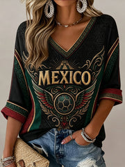 Camiseta de cuello en V para mujeres, aficionadas al fútbol mexicano, con estampado artístico de tótem azteca