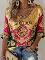 Camiseta estampada con diseño artístico de amor por el fútbol mexicano para mujer