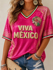 Camiseta estampada con diseño artístico para amantes del fútbol mexicano, para mujer