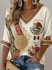 Top con cuello en V para mujer de fútbol mexicano Aztec Totem Element Art Print