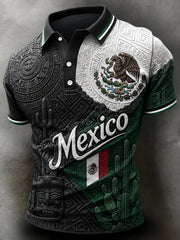 Camisa polo con estampado artístico de abanico para alentar, diseño tradicional mexicano de fútbol y tótem para hombre