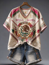 Camiseta de lino estampada con diseño del orgullo mexicano para mujer