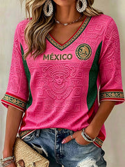 Camiseta estampada con diseño artístico de amor por el fútbol mexicano para mujer