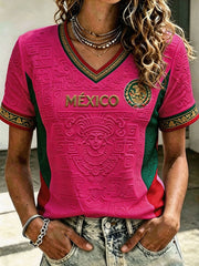Camiseta estampada con diseño artístico de amor por el fútbol mexicano para mujer