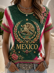 Camiseta con estampado artístico de animación a un partido de fútbol femenino mexicano