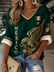 Camiseta de cuello en V con estampado artístico de elemento de animación para partido de fútbol femenino mexicano