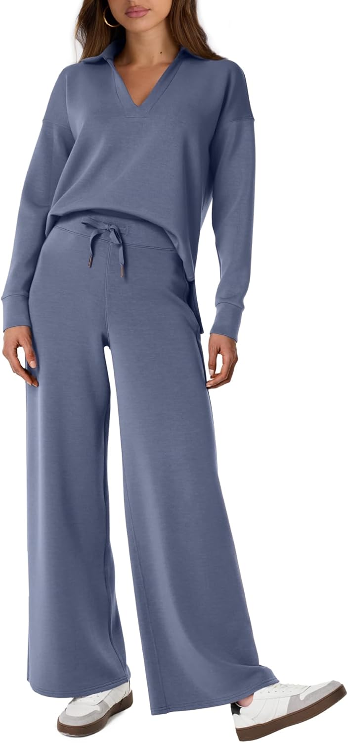 Glamaker - Conjunto de 2 piezas para mujer, estilo casual, manga larga, sudadera tipo polo y pantalones anchos a juego