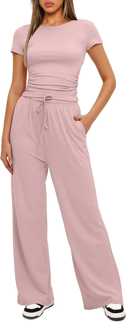 Darong - Conjunto de 2 piezas para mujer, conjuntos de pijama de manga corta fruncida y pantalones de pierna ancha de cintura alta