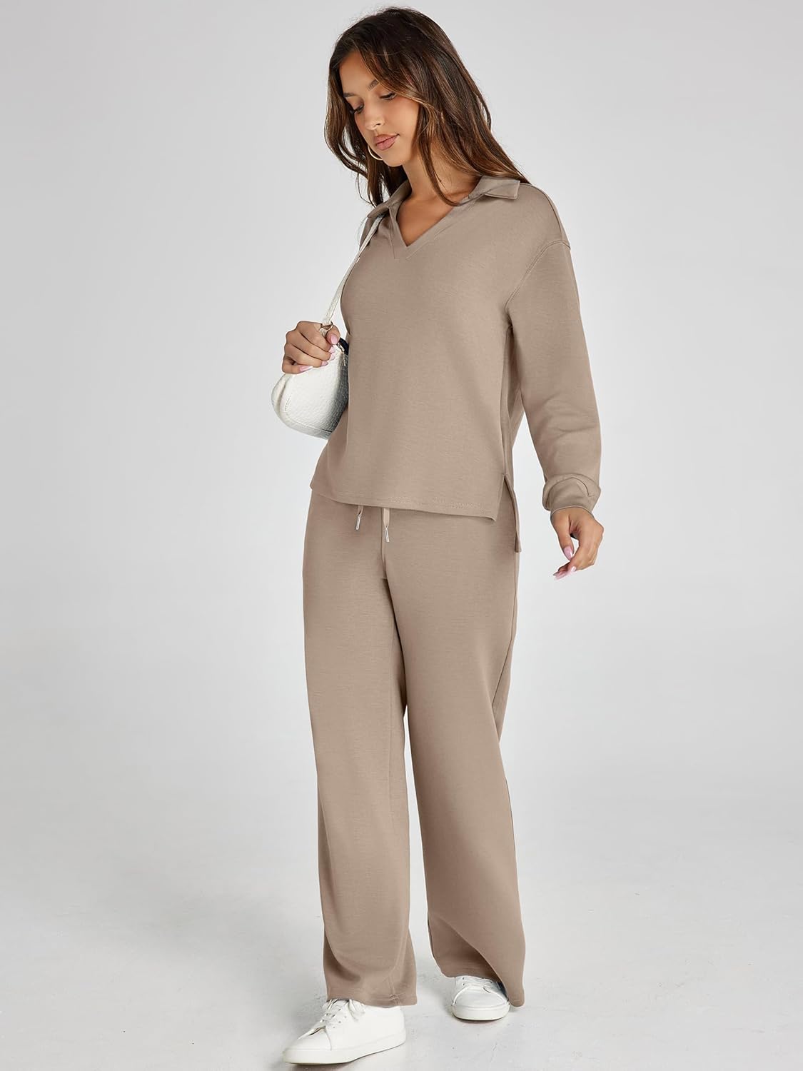 Glamaker - Conjunto de 2 piezas para mujer, estilo casual, manga larga, sudadera tipo polo y pantalones anchos a juego