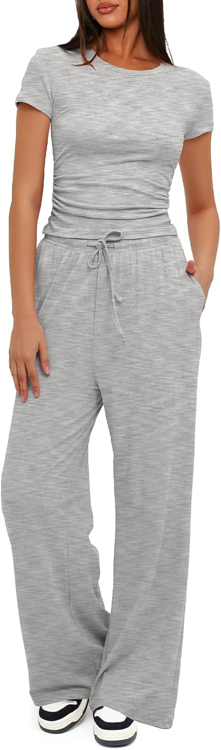 Darong - Conjunto de 2 piezas para mujer, conjuntos de pijama de manga corta fruncida y pantalones de pierna ancha de cintura alta