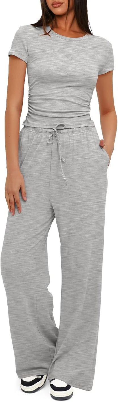 Darong - Conjunto de 2 piezas para mujer, conjuntos de pijama de manga corta fruncida y pantalones de pierna ancha de cintura alta