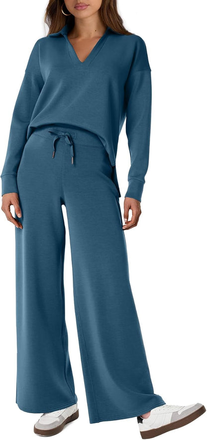 Glamaker - Conjunto de 2 piezas para mujer, estilo casual, manga larga, sudadera tipo polo y pantalones anchos a juego