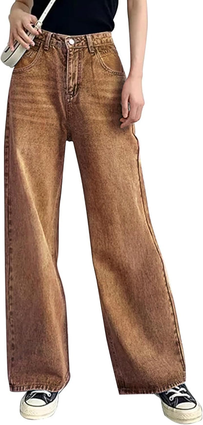 HDLTE Pantalones de Mezclilla Rasgados para Mujer, Pantalones de Mezclilla Holgados de Cintura Alta, Pantalones Rectos de Pierna Ancha, Pantalones de Calle Y2k
