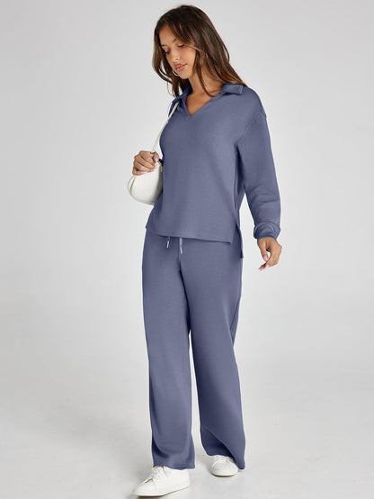 Glamaker - Conjunto de 2 piezas para mujer, estilo casual, manga larga, sudadera tipo polo y pantalones anchos a juego