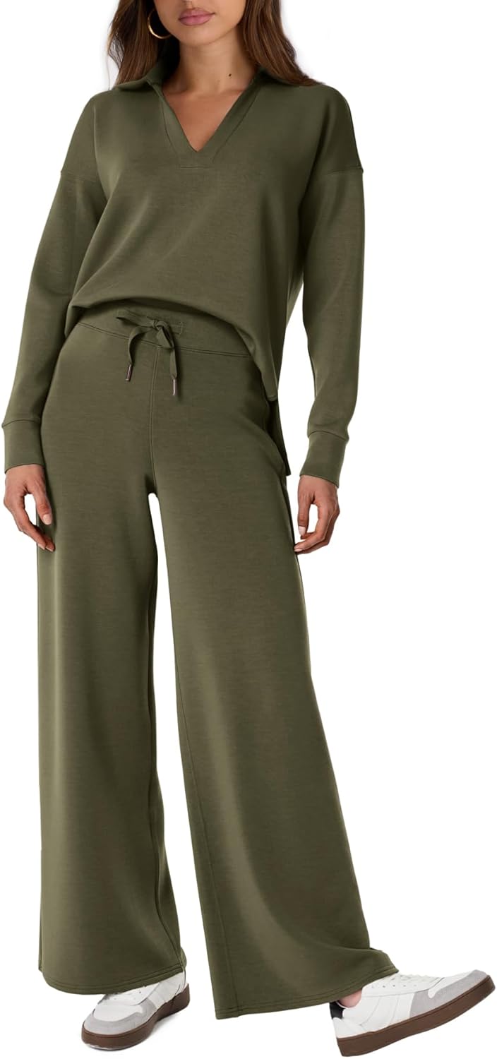 Glamaker - Conjunto de 2 piezas para mujer, estilo casual, manga larga, sudadera tipo polo y pantalones anchos a juego