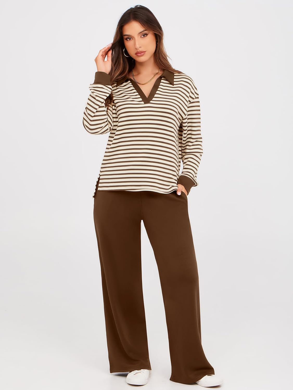 Glamaker - Conjunto de 2 piezas para mujer, estilo casual, manga larga, sudadera tipo polo y pantalones anchos a juego