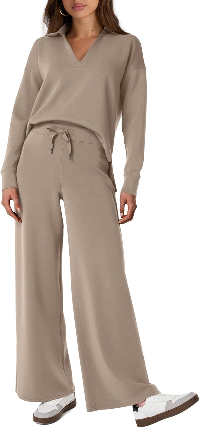 Glamaker - Conjunto de 2 piezas para mujer, estilo casual, manga larga, sudadera tipo polo y pantalones anchos a juego