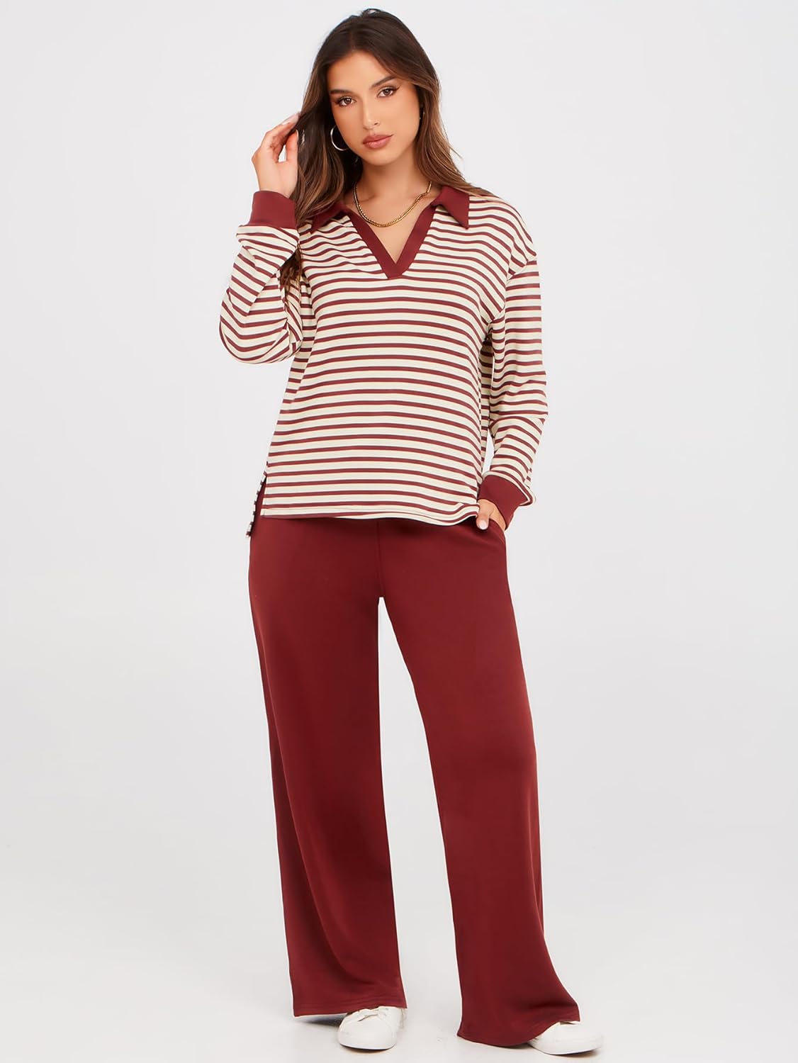 Glamaker - Conjunto de 2 piezas para mujer, estilo casual, manga larga, sudadera tipo polo y pantalones anchos a juego