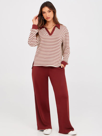 Glamaker - Conjunto de 2 piezas para mujer, estilo casual, manga larga, sudadera tipo polo y pantalones anchos a juego
