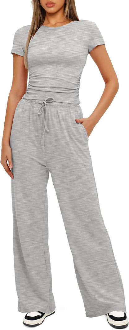 Darong - Conjunto de 2 piezas para mujer, conjuntos de pijama de manga corta fruncida y pantalones de pierna ancha de cintura alta