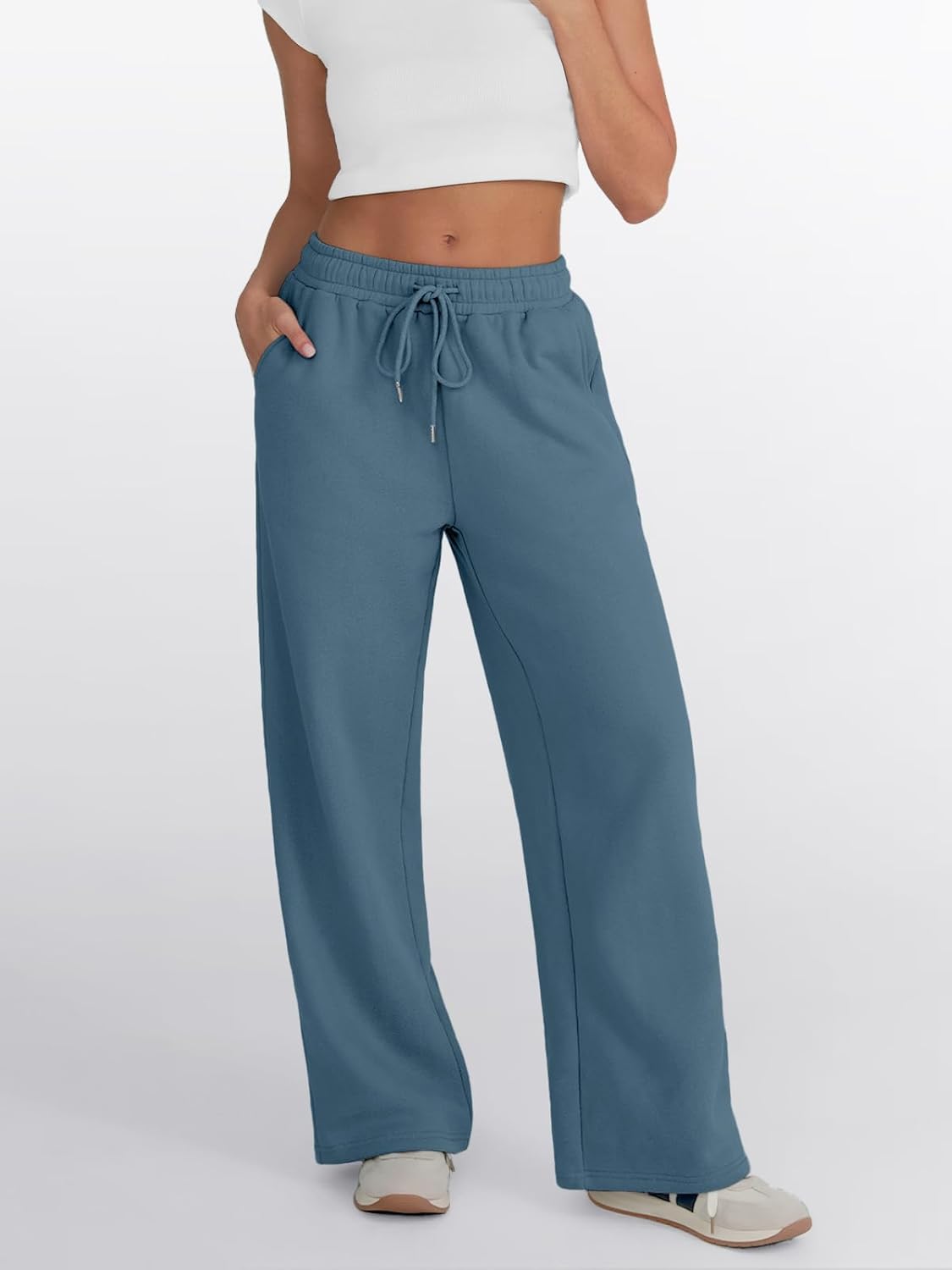 Trendy Queen - Pantalones deportivos de pierna ancha para mujer, pantalones holgados de cintura alta, con cordón, atléticos, acampanados, con bolsillos