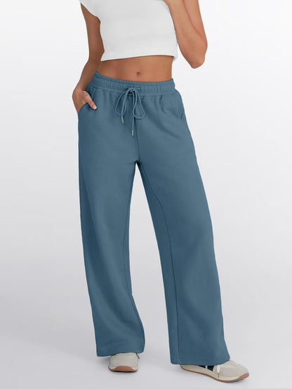 Trendy Queen - Pantalones deportivos de pierna ancha para mujer, pantalones holgados de cintura alta, con cordón, atléticos, acampanados, con bolsillos