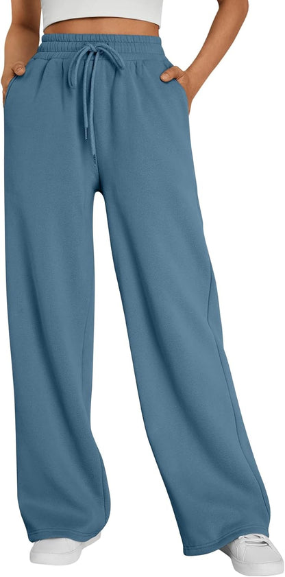Trendy Queen - Pantalones deportivos de pierna ancha para mujer, pantalones holgados de cintura alta, con cordón, atléticos, acampanados, con bolsillos