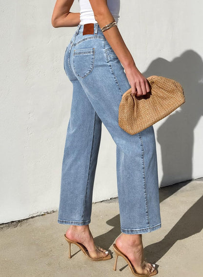 SIDEFEEL Women's Wide Leg Jeans High Waisted Stretchy Jeans Straight Leg Ankle Denim Pants with Slant Pockets