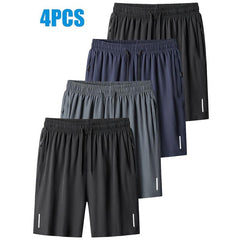 4 piezas Shorts deportivos casuales de verano para hombres, con bolsillos con cremallera - Tela transpirable, diseño atlético con bolsillo resguardado para teléfono y tira reflectante