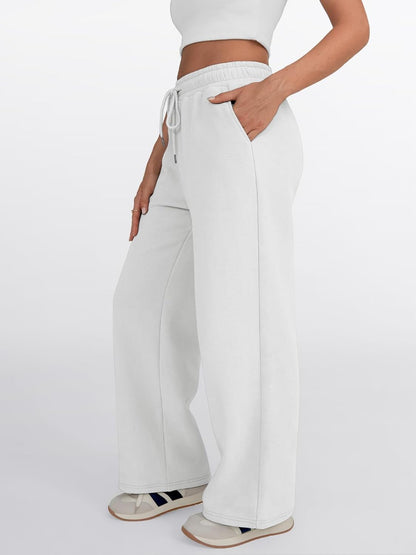 Trendy Queen - Pantalones deportivos de pierna ancha para mujer, pantalones holgados de cintura alta, con cordón, atléticos, acampanados, con bolsillos