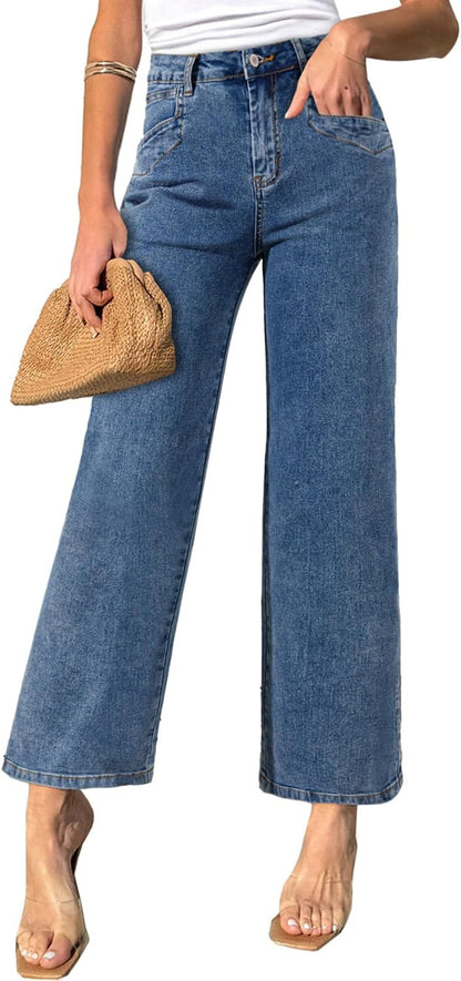 SIDEFEEL Women's Wide Leg Jeans High Waisted Stretchy Jeans Straight Leg Ankle Denim Pants with Slant Pockets