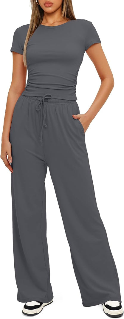 Darong - Conjunto de 2 piezas para mujer, conjuntos de pijama de manga corta fruncida y pantalones de pierna ancha de cintura alta