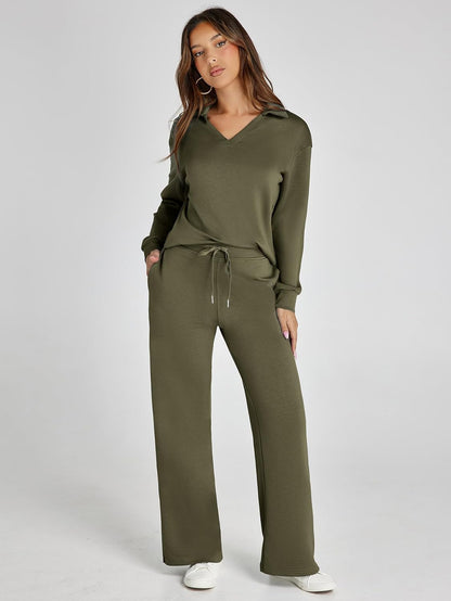 Glamaker - Conjunto de 2 piezas para mujer, estilo casual, manga larga, sudadera tipo polo y pantalones anchos a juego