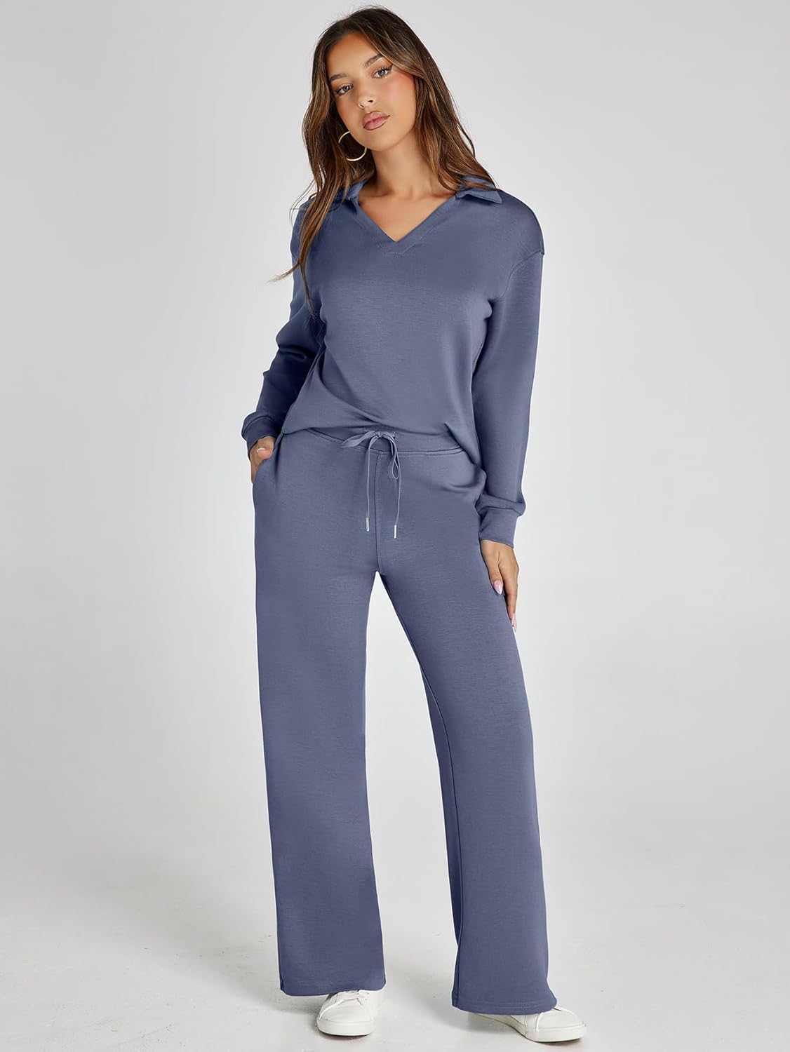 Glamaker - Conjunto de 2 piezas para mujer, estilo casual, manga larga, sudadera tipo polo y pantalones anchos a juego