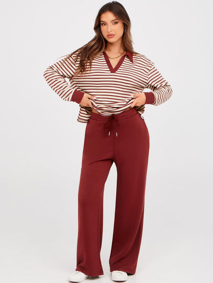 Glamaker - Conjunto de 2 piezas para mujer, estilo casual, manga larga, sudadera tipo polo y pantalones anchos a juego