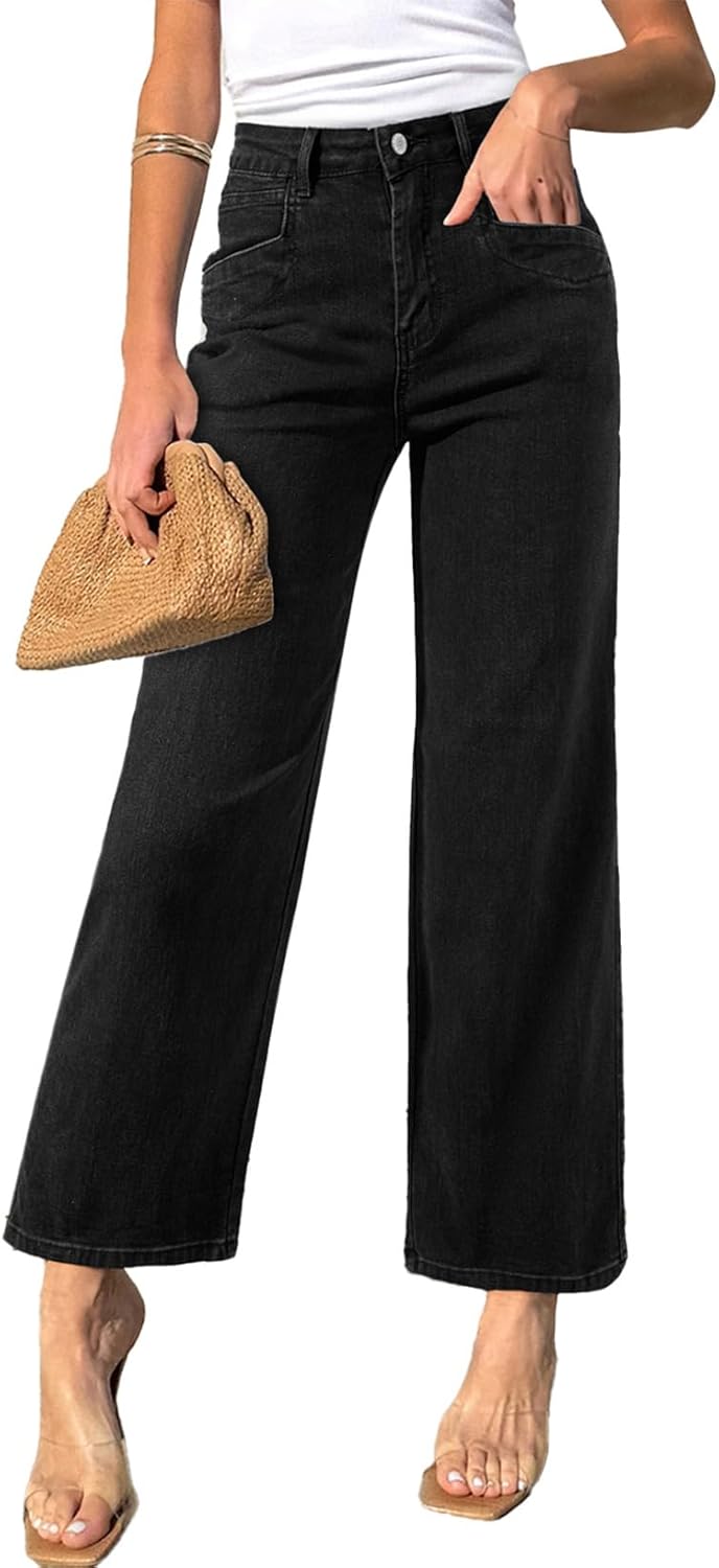 SIDEFEEL Women's Wide Leg Jeans High Waisted Stretchy Jeans Straight Leg Ankle Denim Pants with Slant Pockets