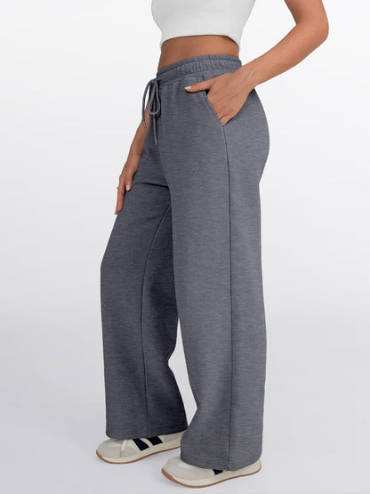 Trendy Queen - Pantalones deportivos de pierna ancha para mujer, pantalones holgados de cintura alta, con cordón, atléticos, acampanados, con bolsillos