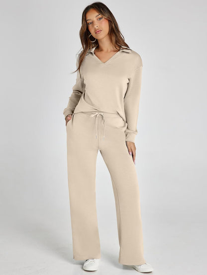 Glamaker - Conjunto de 2 piezas para mujer, estilo casual, manga larga, sudadera tipo polo y pantalones anchos a juego