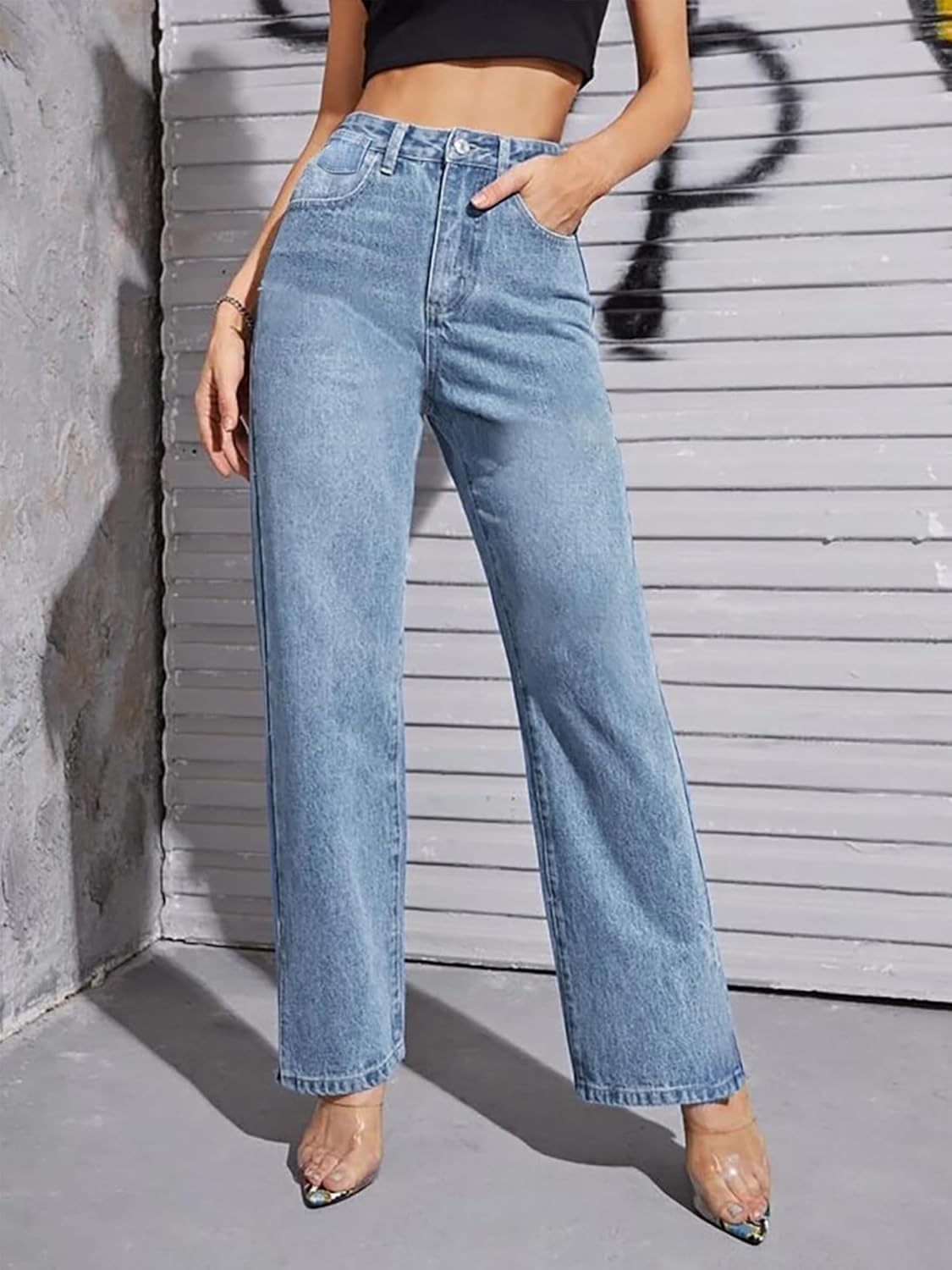 HDLTE Pantalones de Mezclilla Rasgados para Mujer, Pantalones de Mezclilla Holgados de Cintura Alta, Pantalones Rectos de Pierna Ancha, Pantalones de Calle Y2k