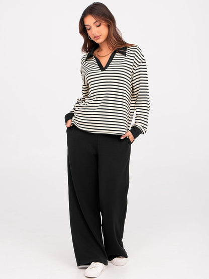 Glamaker - Conjunto de 2 piezas para mujer, estilo casual, manga larga, sudadera tipo polo y pantalones anchos a juego