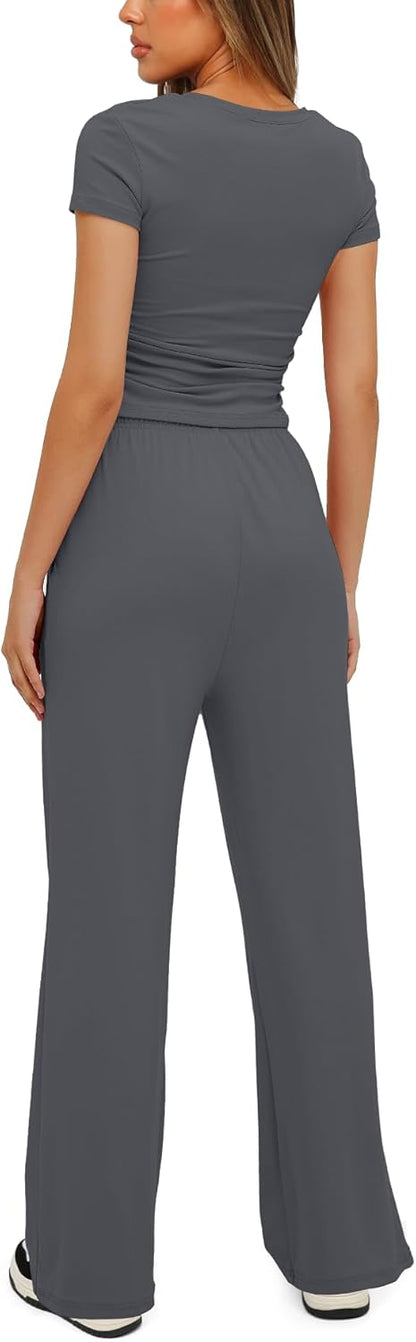 Darong - Conjunto de 2 piezas para mujer, conjuntos de pijama de manga corta fruncida y pantalones de pierna ancha de cintura alta