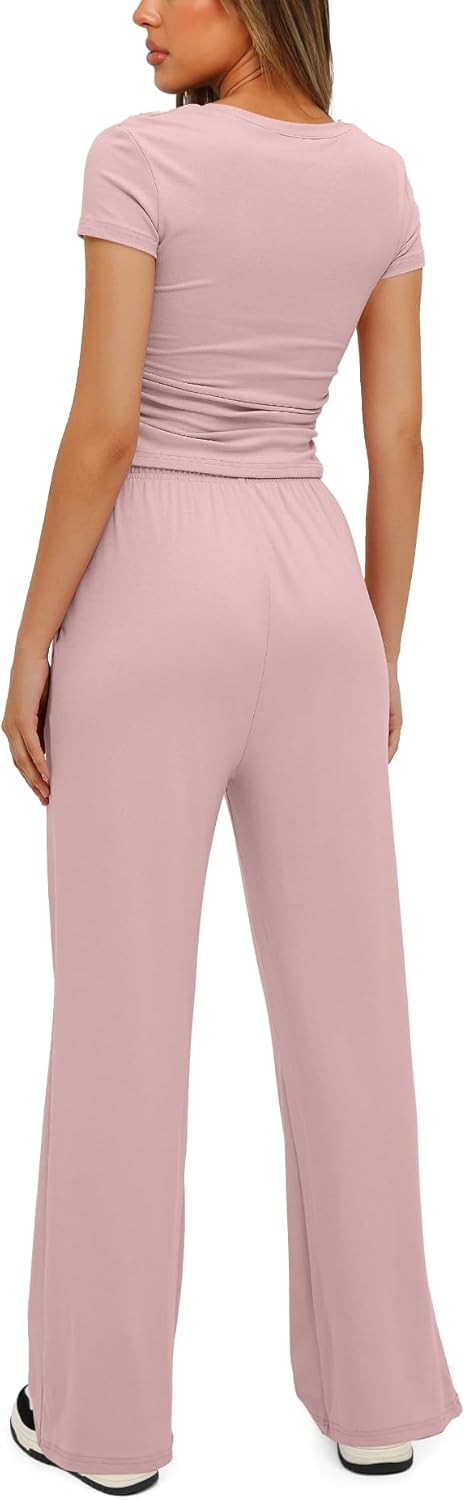 Darong - Conjunto de 2 piezas para mujer, conjuntos de pijama de manga corta fruncida y pantalones de pierna ancha de cintura alta