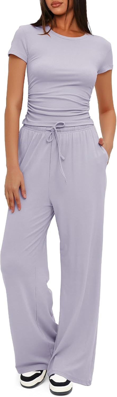 Darong - Conjunto de 2 piezas para mujer, conjuntos de pijama de manga corta fruncida y pantalones de pierna ancha de cintura alta