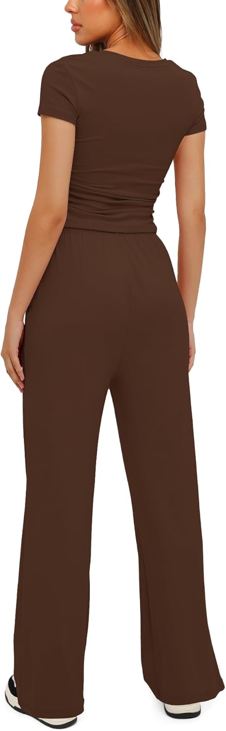 Darong - Conjunto de 2 piezas para mujer, conjuntos de pijama de manga corta fruncida y pantalones de pierna ancha de cintura alta