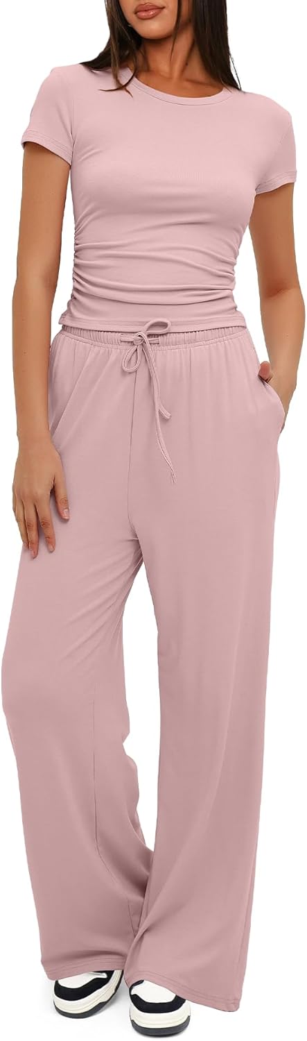 Darong - Conjunto de 2 piezas para mujer, conjuntos de pijama de manga corta fruncida y pantalones de pierna ancha de cintura alta