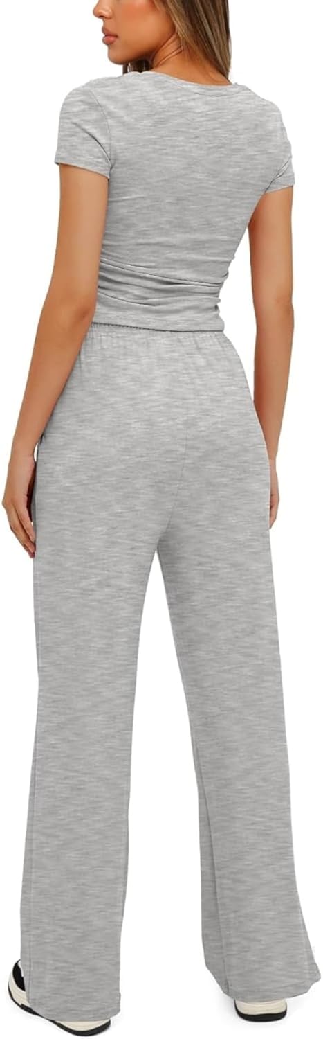 Darong - Conjunto de 2 piezas para mujer, conjuntos de pijama de manga corta fruncida y pantalones de pierna ancha de cintura alta