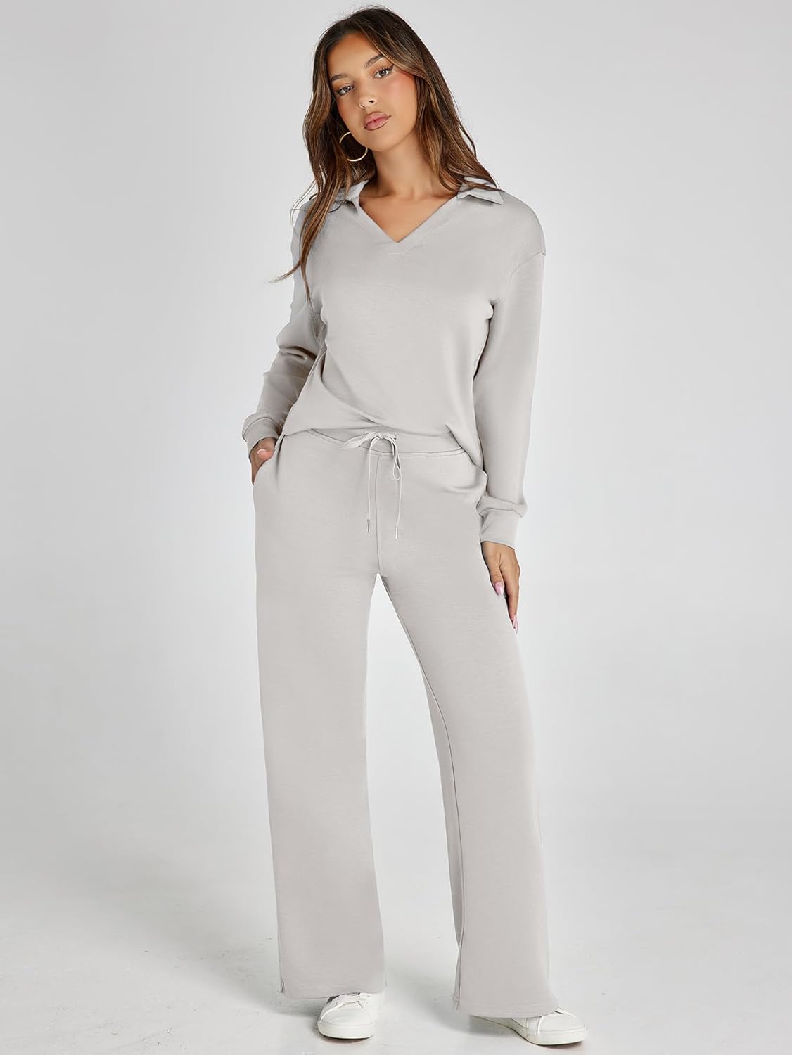 Glamaker - Conjunto de 2 piezas para mujer, estilo casual, manga larga, sudadera tipo polo y pantalones anchos a juego